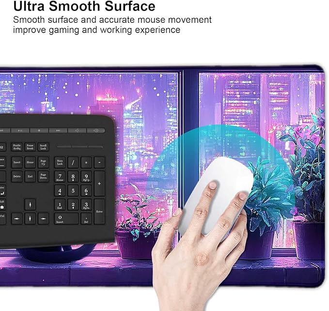 Modern Black Cat City Night Scenery Large Mouse Pad, Desk Mat Computer Keyboard Pad Non-Slip Rubber Base Waterproof with Stitched Edges for Laptop Gaming, Office & Home 31.5 x 11.8 Inch (XL-18)