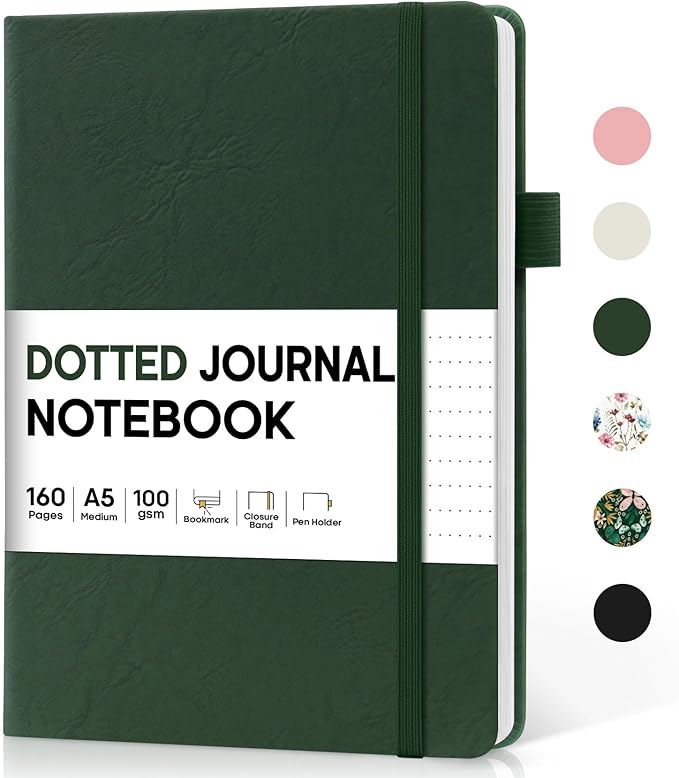 Taja Dotted Journal Notebook for Women & Men, Hardcover Leather Journal for Writing, A5 Dotted Journaling Notebook for Work & Sketching, Perfect for Office School Home Supplies, 160 Pages, Dark Green