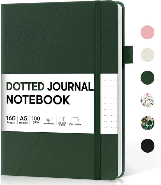 Taja Dotted Journal Notebook for Women & Men, Hardcover Leather Journal for Writing, A5 Dotted Journaling Notebook for Work & Sketching, Perfect for Office School Home Supplies, 160 Pages, Dark Green