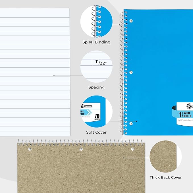 Rosmonde 720 Packs (Pallet) 1 Subject Notebooks, Spiral Notebook Bulk, Wide Ruled, Pallet of Notebooks, 70 Sheets (140 pages), 8 x 10-1/2", Bulk Spiral Notebooks for School & Office, 4-7 Days Transit