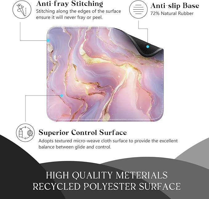 Pink Marble Desk Pad Mat with Stitched Edges and Non-Slip Rubber Base, Premium-Textured Mouse Pad for Laptop, Computer & PC, Gaming & Working, Waterproof Mousepad