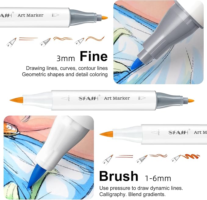 SFAIH Alcohol Markers Brush Tip - 61 Pastel Brush & Fine Dual Tip Art Markers for Artist Illustration, Adult Coloring Books, Gifts for Artist Adult, Colorless Blender, Enjoy Blending, Carrying Case