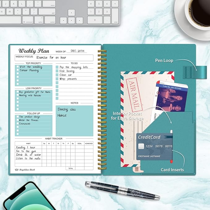 Weekly Planner Undated, Weekly Goals Schedule Planner Regolden-Book To Do List Notebook Calendars Organizers Habit Tracker Journal for Man & Women, Spiral Binding, Pocket, Pen Loop, 53 Weeks (7x10")