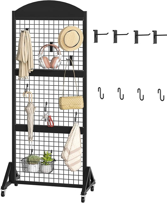 Grid Wall Panel 5.7’ x 2’ FT Grid Display Rack, Movable Gridwall Display Stand with Wheels, Sturdy Floorstanding Wire Grid Rack with 4 S-Shaped Hooks and 4 Garment Hooks, Black TCJ17BB