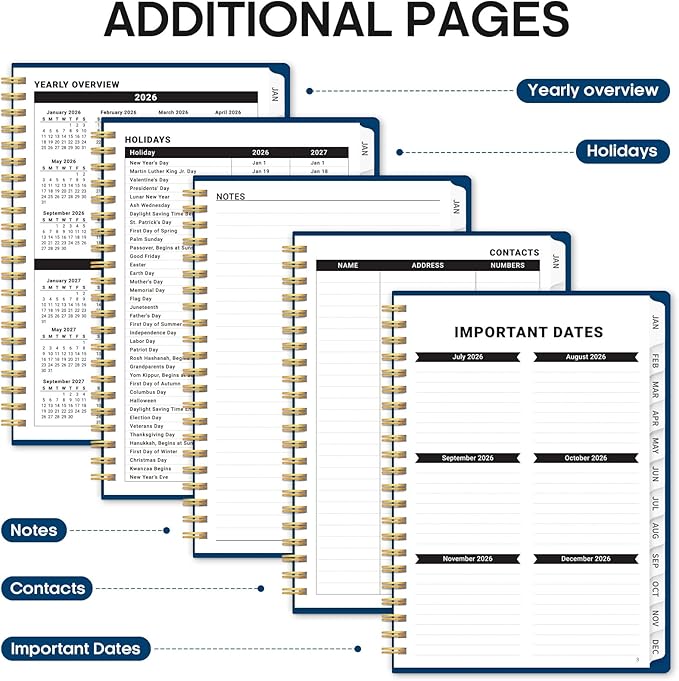 2026 Planner, Weekly and Monthly Calender Planner, Jan 2026 to Dec 2026, Hardcover 2026 Calendar Book with Tabs & Inner Pocket, Office Home School Supplies for Women & Men - A4 (8.5" x 11"), Navy Blue