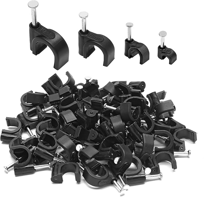 400pcs Cable Clips, 4mm 6mm 8mm 10mm Half Clamp J-Hook with Nail, Nail in Cable Clips Ethernet Cable Nails Tacks Clips, Black