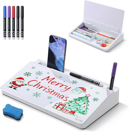 SELEAD Desktop Glass Whiteboard with Storage, Small Dry Erase White Board Computer Pad Keyboard Stand for Home, School, Office Desk Accessories - White