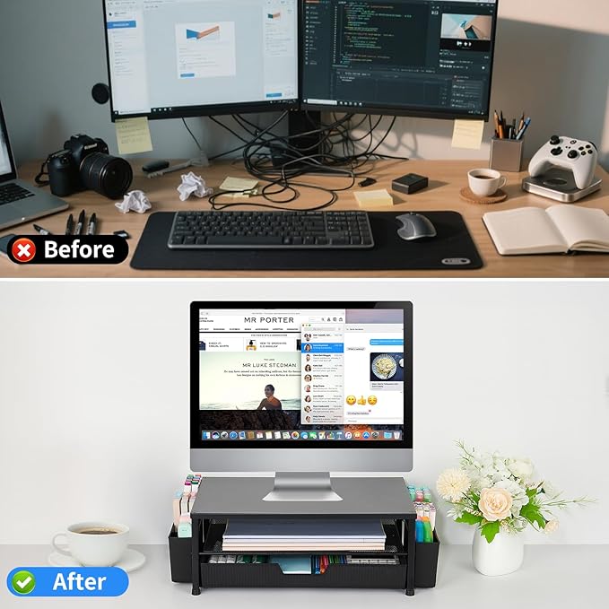 Desk Organizer and Accessories, 2-Tier Computer Monitor Stand Rise with Storage Drawer & 2 Pen Holders, Laptop & Printer Stand for Desktop, Workspace Organizers for Office Supplies (Black)