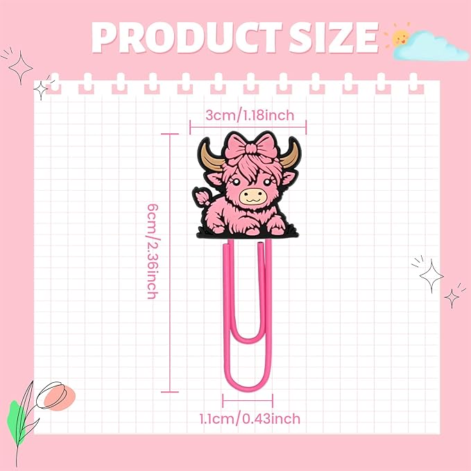 Cute Paper Clips, 50Pcs Highland Cow Bookmark Paperclips Bulk Metal Fun Cute Cow Planner Clip Charms Clamp Desk Accessories Stationery Colorful Office Supplies Gifts for Student Teacher Party Decor