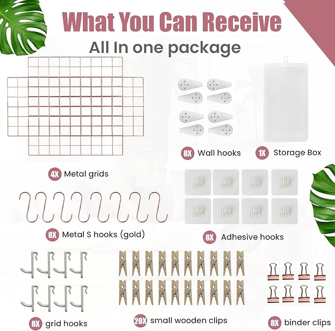 Metal Grid Wall Panel Rose Gold, Wire Grid Photo Display Organizer, 17.3"×11.8" Wire Board Grid Wall, Grid Picture Frame, 4-Pack Wire Mesh Memo Board with Clips and Hooks