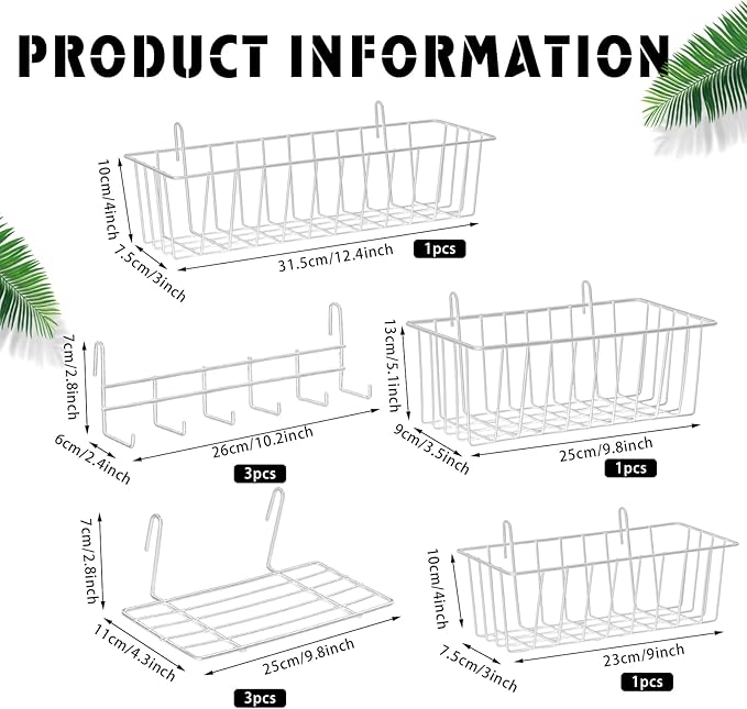 Fumete 9 Pcs Wall Grid Hanging Basket Shelf Hooks Set Includes 3 Basket 3 Wire Straight Shelf and 3 Hooks for Storage Display Organizer Grid Wall Accessories(White)