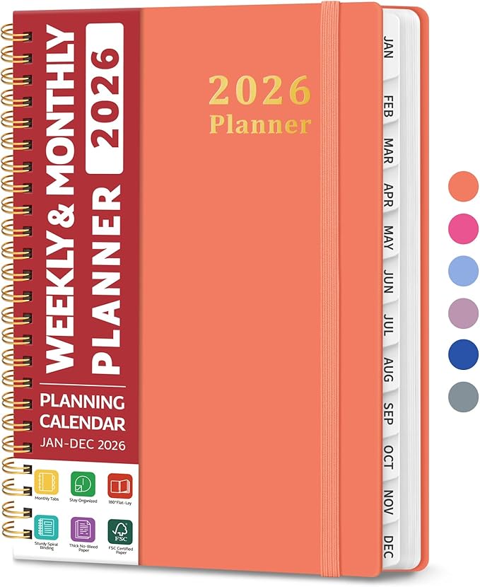 2026 Planner, Weekly and Monthly Calendar Planner, January 2026 - December 2026, Hardcover 2026 Calendar Book with Tabs For Women & Men, Inner Pocket, Spiral Bound, Perfect for Office Home School Supplies - A5 (6.3" x 8.5"), Coral