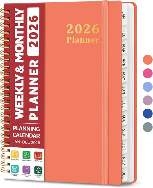 2026 Planner, Weekly and Monthly Calendar Planner, January 2026 - December 2026, Hardcover 2026 Calendar Book with Tabs For Women & Men, Inner Pocket, Spiral Bound, Perfect for Office Home School Supplies - A5 (6.3" x 8.5"), Coral