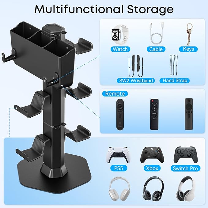 Headphone and Controller stand, Headphone Stand for Desk, PS5/PS4/Xbox/Switch Game Controller Holder, Gaming Headset Stand with Storage Box and Two Hooks for Remote Control Watch Cable Key Chain