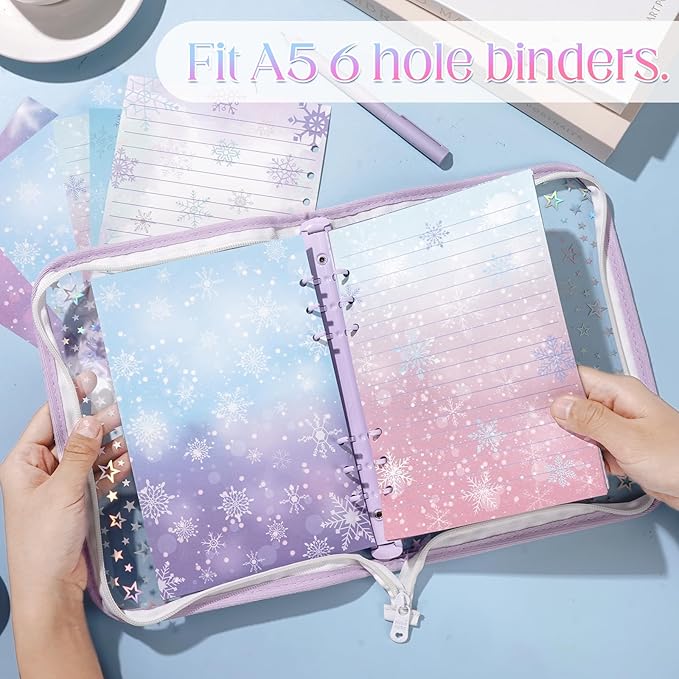 100 Sheets Snowflake A5 Refills Papers for Planner Insert Binder, 120GSM Thick Ice Princess Notebook Fillers, Magic 6 Hole Loose Leaf Papers for A5 6 Ring Binder Journal Diary Budget Winter Christmas
