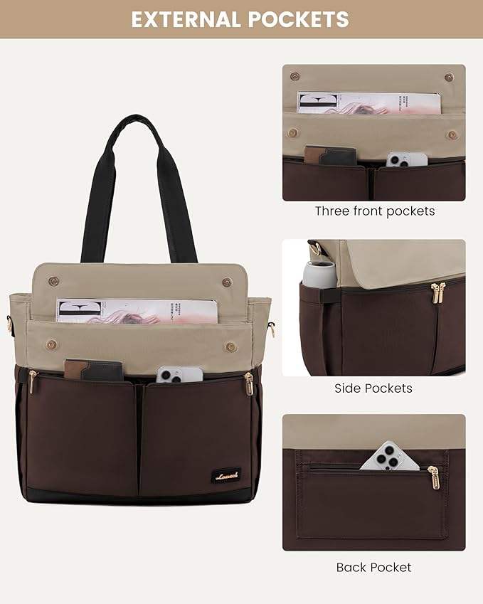 LOVEVOOK Laptop Bag for Women 15.6 Inch Canvas Laptop Large Capacity Work Bags Mutiple Pockets Teacher Bag Water Resistant Computer Bags for Business Travel Nurse, Apricot-coffee