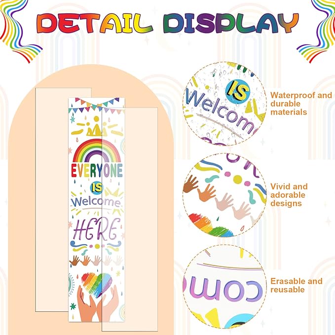 2 Pcs Classroom Welcome Sign Rainbow Classroom Decoration Everyone Is Welcome Banner for Door Bulletin Board Kindergarten Pre School Elementary & Middle High School Wall Sign, 11.8 x 47.2 Inch