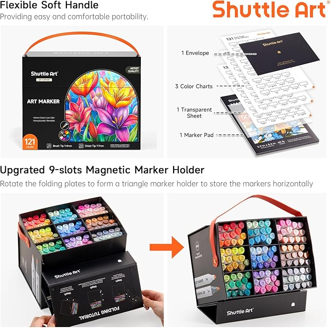 Shuttle Art Brush Tip Alcohol Markers, Dual Tip Brush & Chisel Tip Art Marker Set, 121 Colors Marker Pens with Organized Case Perfect for Illustration Kids Students Adults Coloring Sketching