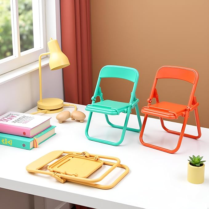 10Pcs Foldable Chair Phone Stand, Mini Universal Mobile Holder in Candy Colors - Cute Desk Decor Accessories, Portable Stool Organizer for Workspace, Gift Ideas and Miniature Decorative Items