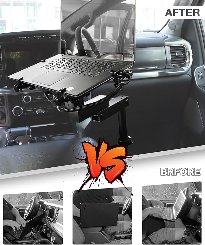 MELIPRON Truck Laptop Mount Fit for 15-25 Ford F150, 17-25 F250, F350, F550, No-Drilling Vehicle Computer Stand for Passenger Seat, Adjustable Height, 2 Built-in Cooling Fans