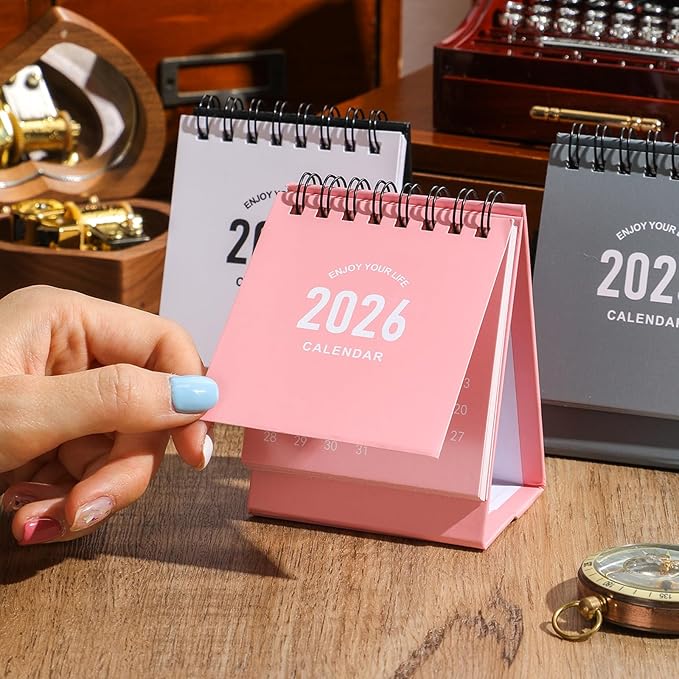 Mini Desk Calendar 2026-2027 - Use January 2026 to June 2027 Small Desktop Calendar Mini Daily Schedule Thick Paper Twin-Wire Binding with Stickers for Home Office School (Mini Pink)