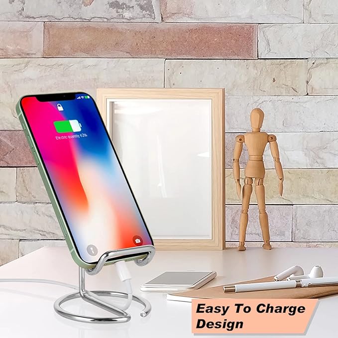 Cell Phone Stand for Desk, Cute Metal Silver Cell Phone Stand Holder Desk Accessories, Compatible with All Mobile Phones, iPhone, iPad