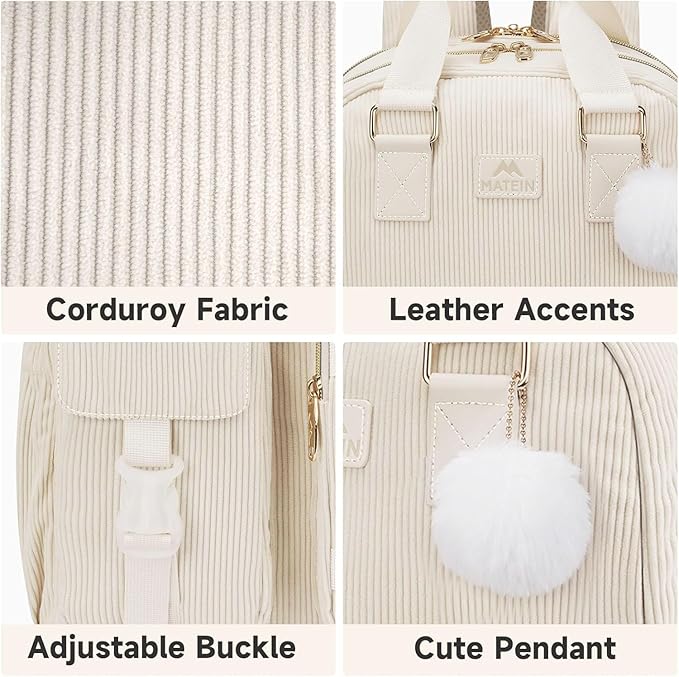 MATEIN Backpack for Teen Girls, 15.6 Inch Cute Corduroy Laptop Backpack Aesthetic College School Bookbag with USB Charging Port, TSA Lightweight Soft Kawaii Travel Backpacks for Women Nurse, Beige