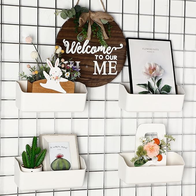 Gridwall Baskets, Grid Wall Storage Bin Plastic Grid Wall Panels Bins for 3 Inch Gridwall Panel for Organizing Storage Display Kitchen Home Office Garage Bathroom(White,4 Pcs)