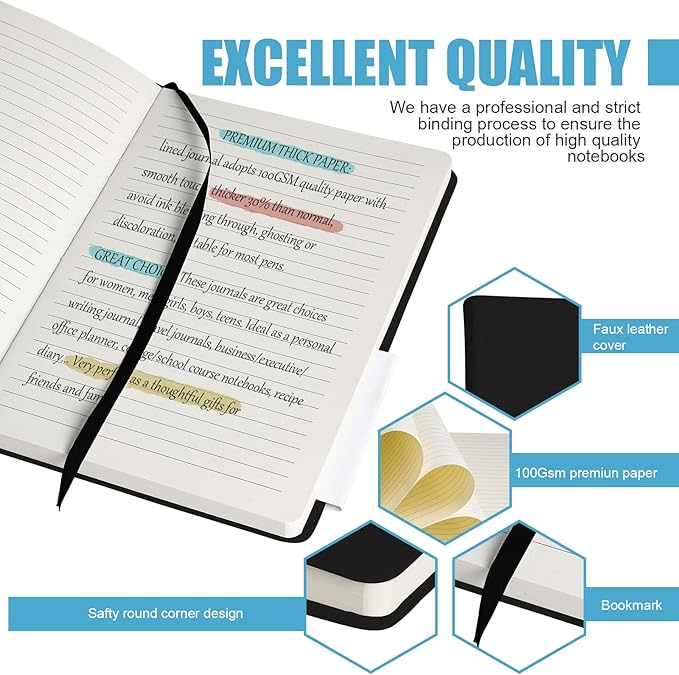 Lined Journal Notebook – Hardcover Notebook for Men & Women – Journals for Writing, Work, School, Home & Daily Notes, 160 Pages – Medium A5, 5.7"x8", 100 gsm Thick Paper (Black)