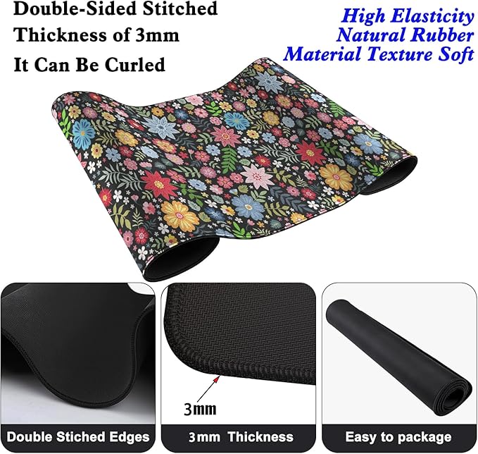 Colorful Flowers Desk Pad Mouse Pad,Large XL Floral Mouse Mat with Stitched Edges,Non-Slip Rubber Base Mousepad for Office PC Keyboard Laptop and Home Work Desk Mat(31.5X11.8 in)