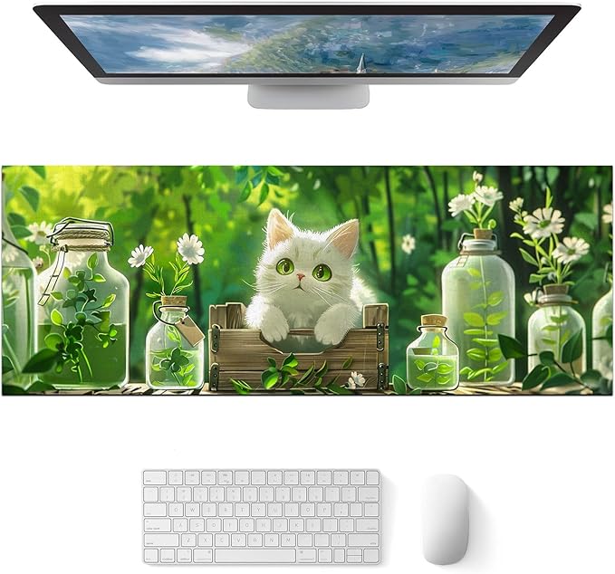 Cat XL Mouse Pad 31.5 x 11.8 Inch Gaming Mousepad Diatomite Large Keyboard Mouse Pad for Home and Office Desk Accessories with White Cat Garden Scene