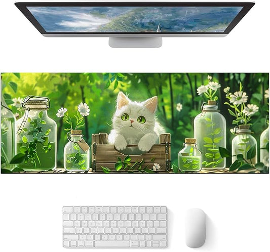 Cat XL Mouse Pad 31.5 x 11.8 Inch Gaming Mousepad Diatomite Large Keyboard Mouse Pad for Home and Office Desk Accessories with White Cat Garden Scene