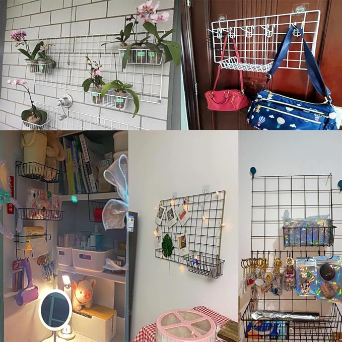 2 Pack Grid Panels Hanging Wire Basket Storage with Plastic Hooks for Gridwall Display Stand Wire Rack Wall Photo Grid Shelf Commercial Shop Retail Art Fair