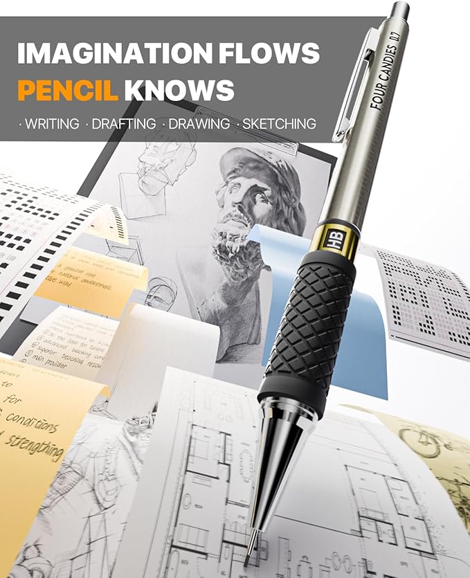 Metal Mechanical Pencil Set - 3PCS 0.5 & 0.7 & 0.9 mm Art Pencils & 360PCS HB Lead Refills & 3PCS Erasers & 9PCS Eraser Refills, for Drawing, Writing, Sketching, Drafting - With Case