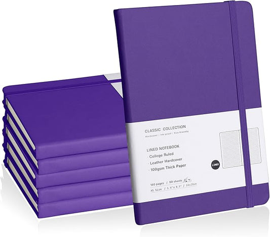 Lined Journal Notebook, 6Pack Hardcover Notebook for Men & Women – Journals for Writing, Work, School, Home & Daily Notes, 160 Pages – Medium A5, 5.7"x8", 100 gsm Thick Paper (Purple)