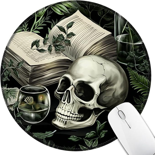 Funny Goth Skull Mouse Pad for Desk, Gothic Book Plant Small Mousepad with Non-Slip Base, Round Mouse Pads for Laptop Gaming, Computer Mouse Mat for Office Decor Accessories Supplies