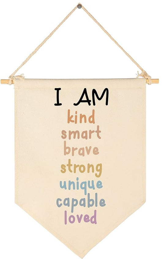 I Am Kind Smart Brave Strong Classroom Wall Decor Banner, Positive Affirmations Canvas Hanging Flag Sign for Kids, Teacher Classroom Lounge, Back to School Teacher Gift, 15.5 x 11.1in