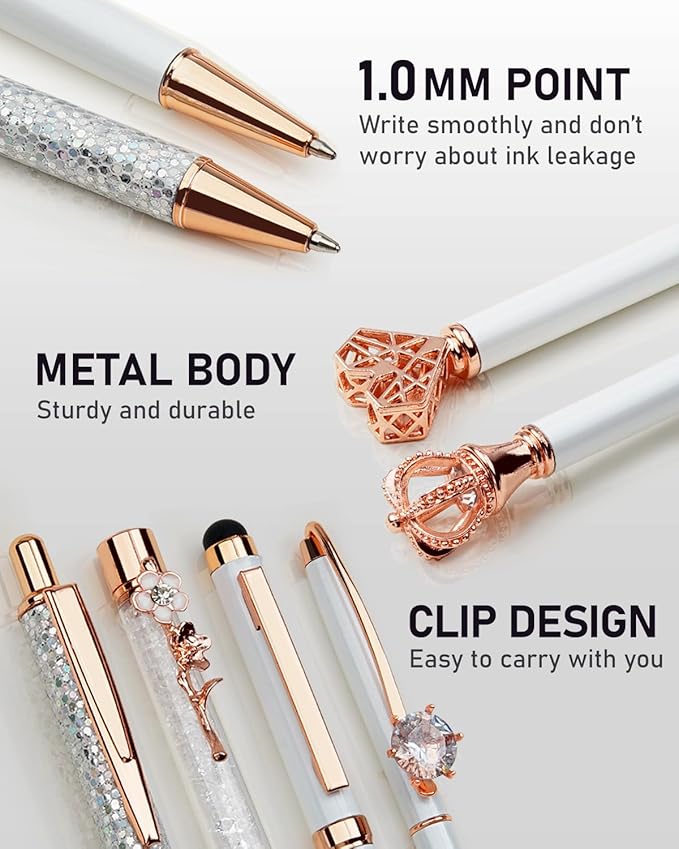 WEMATE 8Pcs Ballpoint Pens Set Metal Crystal Diamond Pen Glitter for Journaling White Pen Bling in Black & Blue Ink Pretty Cute Pens Fancy Pens Mothers Day Gifts for Women Wedding School Office(White)