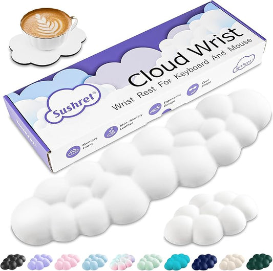 Cloud Wrist Rest Keyboard, Cloud Keyboard Wrist Pad Set with PU Leather Memory Foam, Cute Arm Rest for Palm Support, PC/Gaming Desk Accessories/Office Setup/Computer Hand Cushion - White
