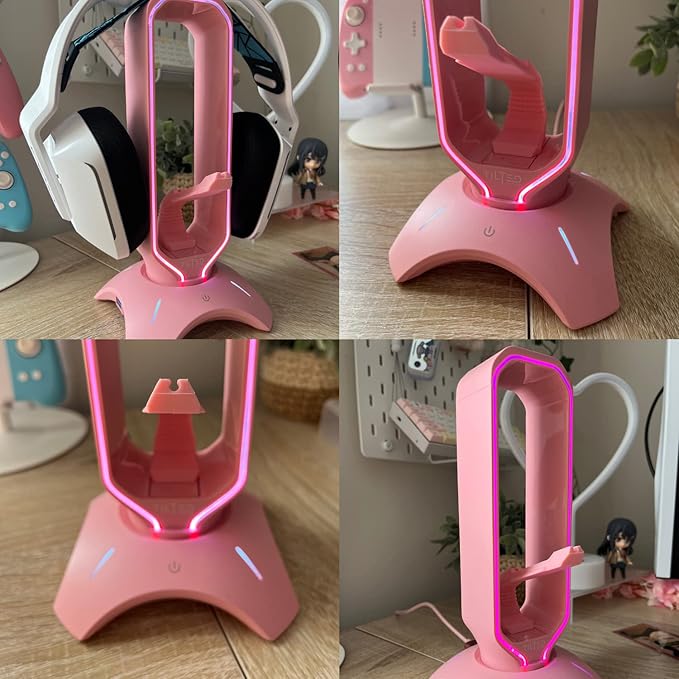 Tilted Nation Cute Headphone Stand Pink | Headset Stand with RGB, Mouse Bungee Holder, and 2 Port USB Hub Charger - Desk Gaming Accessories