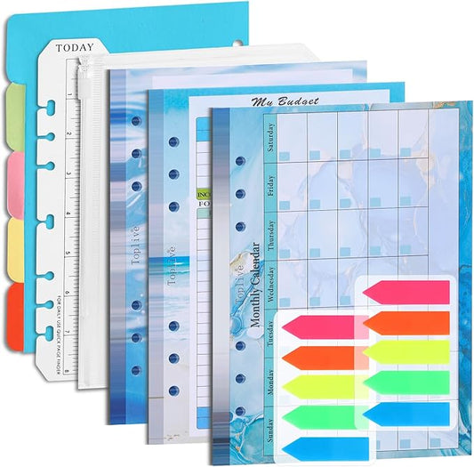 Toplive 7 Pack A5 Planner Inserts Monthly Weekly Planner Refills Paper 6 Ring Expense Budget Sheets with Cash Envelopes Divider Ruler Stickers, for A5 Planner Binder Cover, Blue Ocean Marble