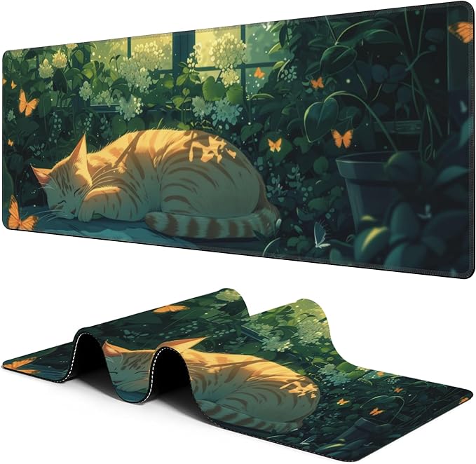 Orange Cat Sleeping in Garden Mouse Pad Desk Mat Large Gaming Mousepad Extended Computer Keyboard Mat with Non-Slip Rubber Base and Stitched Edge 11.8 x 31.5 Inch for Gaming and Office Work