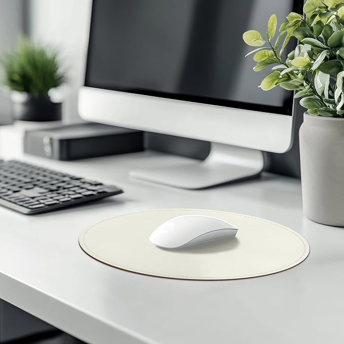 Mouse Pad，Round Mouse Pad，PU Mouse Pad，Leather Mouse Pad with Stitched Edge Micro-Fiber Base with Non-Slip Waterproof，Mouse Pad for Computers，Laptop，9 x 9 Inch (White)