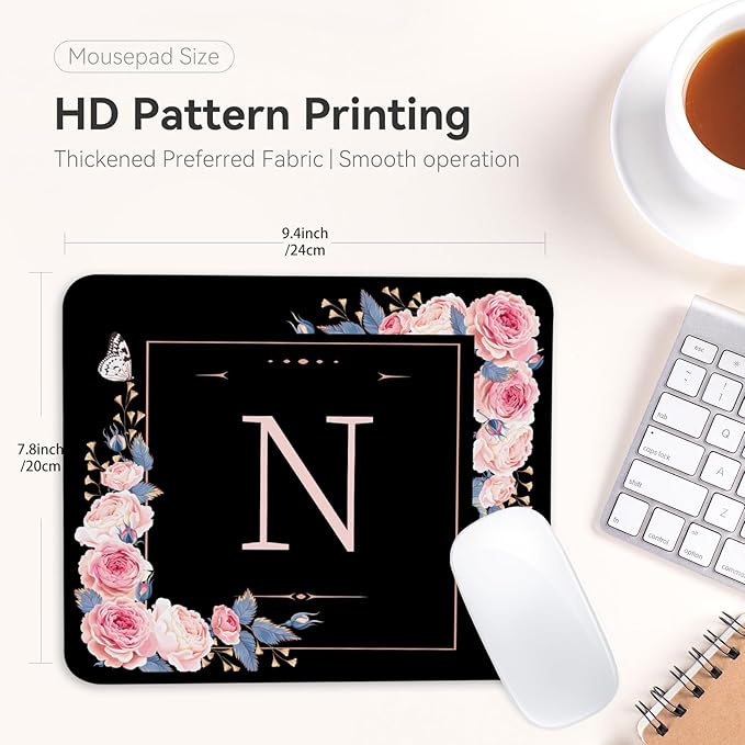 Letter N Black and Pink Flowers Square Mouse Pad, Mouse Pad with Stitched Edge and Non-Slip Rubber Base,Mouse Mat,Home Office Decor Desk Accessories,9.4x7.8x0.12 inch Square Mouse Pad
