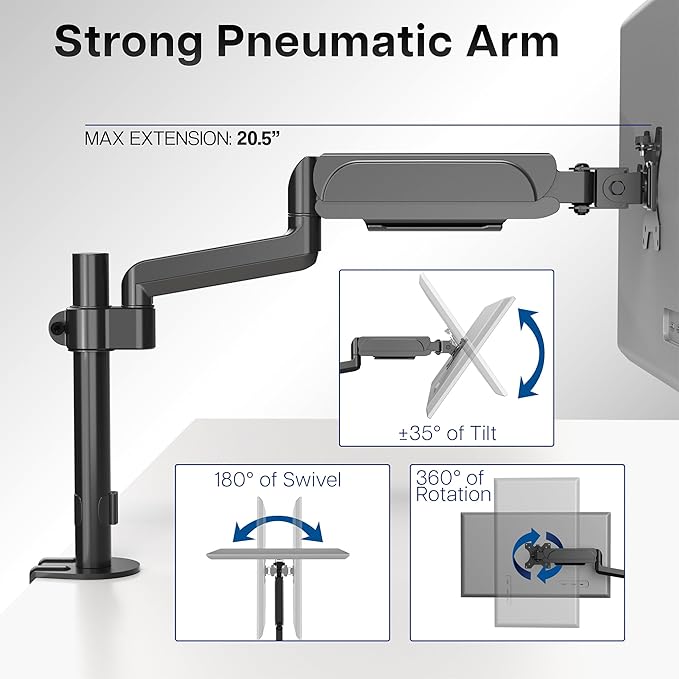 VIVO Single Monitor Arm Mount for 17 to 32 inch Screens - Tension Height Adjustment, Full Articulating Tilt, Swivel, Heavy Duty VESA Stand with Desk C-clamp and Grommet Option STAND-V001K