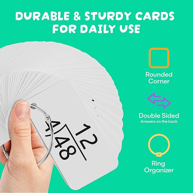 Star Right Math Flash Cards - Division Flash Cards - 156 Hole Punched Math Game Card - 2 Binder Rings - for Ages 8 and Up - 3rd, 4th, 5th and 6th Grade