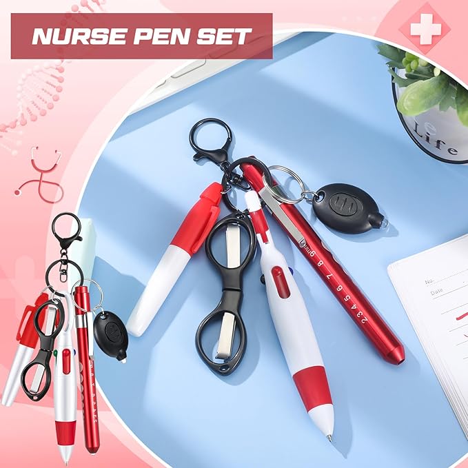 6 Pcs Nurse Pen Set Include Permanent Marker Pen Retractable Ballpoint Pen Keychain Clip Foldable Scissors Lights LED Flashlight Keychain for Nurse Accessories(Red)