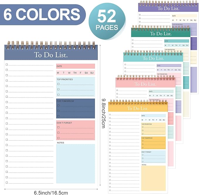 Thenshop 6 Pack To Do List Notepad Daily to Do List Notepad 6.5 x 9.8 Inches Notebook Undated 52 Sheets Paper Planner Daily for Work Planning Pad for School Office Student