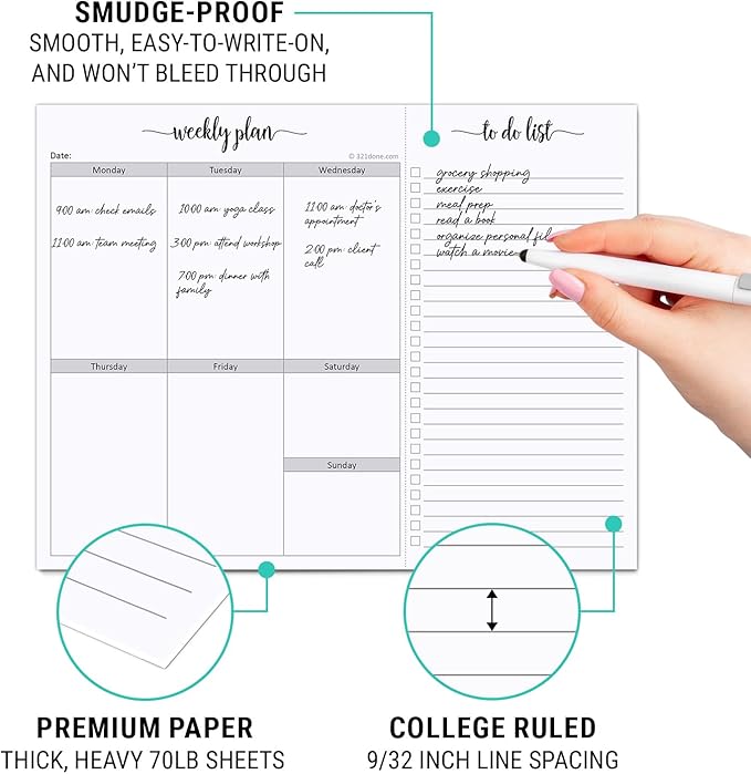 321Done Weekly Plan Checklist Notepad - 50 Sheets (8.5x11) Perforated To Do Memo Pad - Made in USA (With Headers)