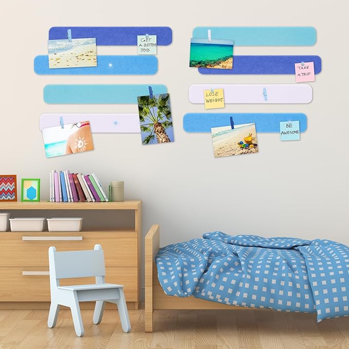 8 Pcs Felt Pin Board Bar Strips Bulletin Board 50 Pushpins and 10 Wooden Clip Pins Self Adhesive Cork Boards for Offices Home Wall Display Photos, Paste Notes, Schedules (Blue)